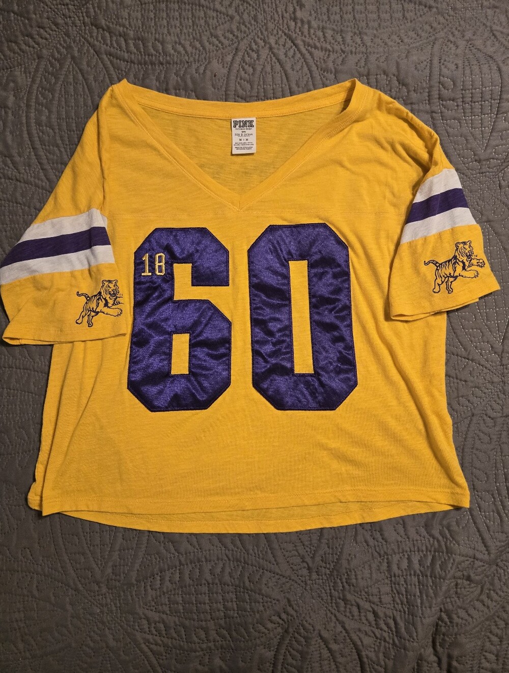 PINK Victoria's Secret Yellow & Purple Athletic V-Neck Crop Top LSU Tigers 🐅💜